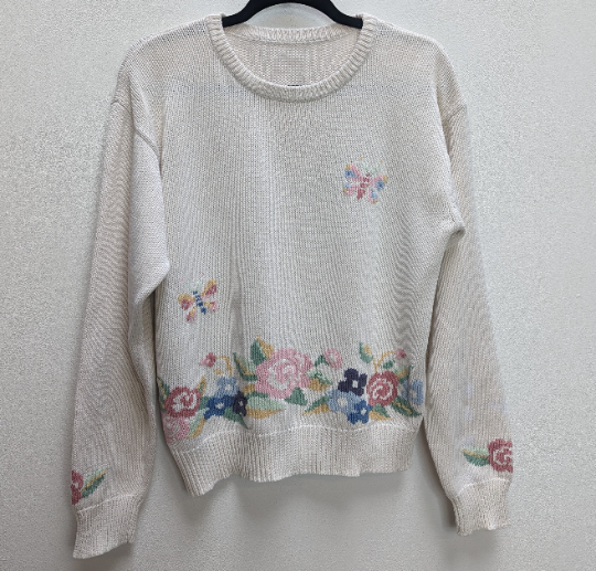 White Floral + Butterfly Jumper - M