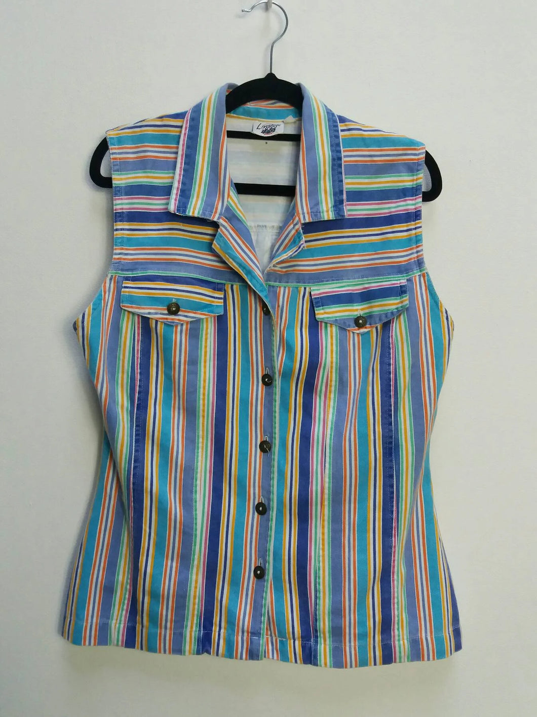 Rainbow Stripe Sleeveless Denim Jacket - M