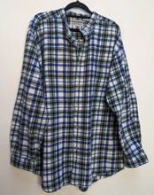 Load image into Gallery viewer, Blue, Black + Green Plaid Flannel Collarless Shirt - L
