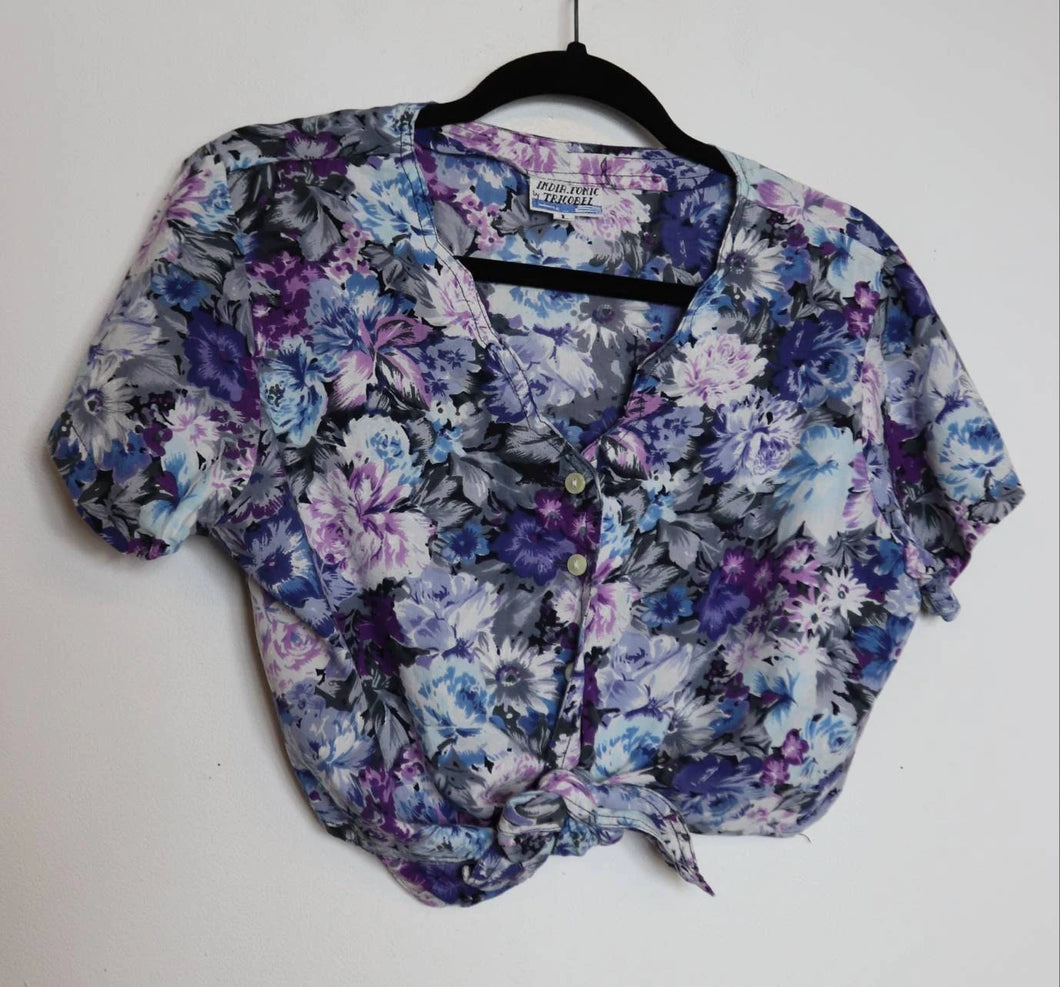 Blue + Purple Floral Tie-Up Crop Top - M