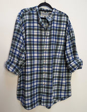 Load image into Gallery viewer, Blue, Black + Green Plaid Flannel Collarless Shirt - L
