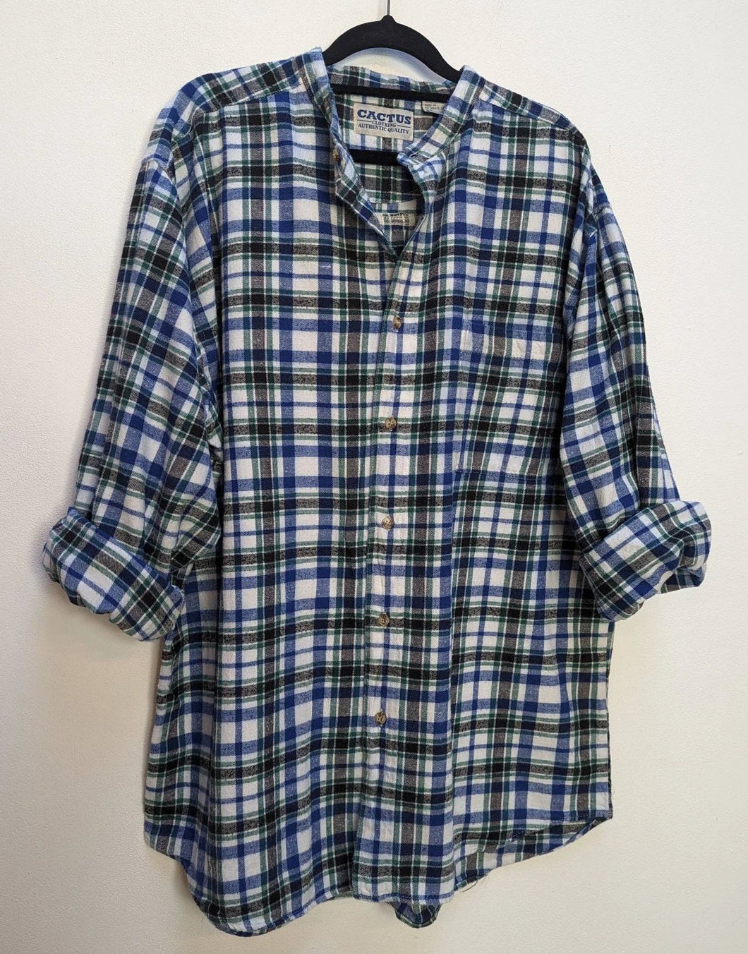 Blue, Black + Green Plaid Flannel Collarless Shirt - L