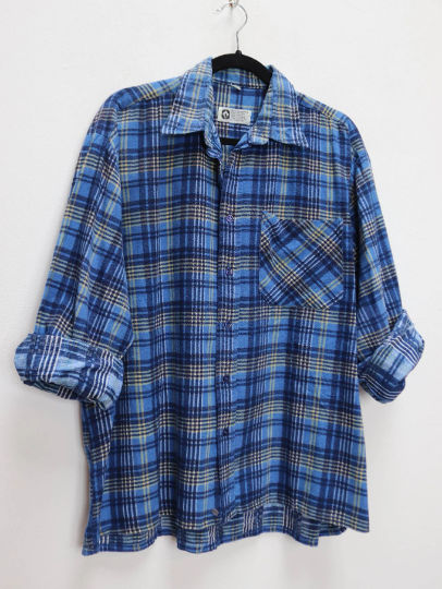 Blue + Yellow Plaid Flannel Shirt - L