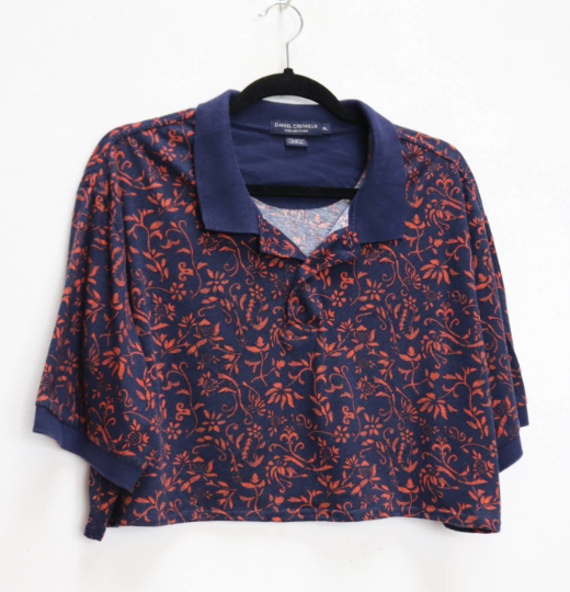 Navy + Red Floral Cropped Polo Top - XL