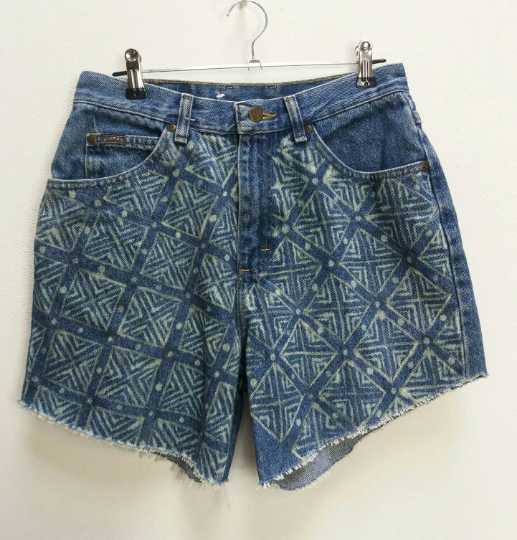 Patterned Blue Denim Shorts - S/M