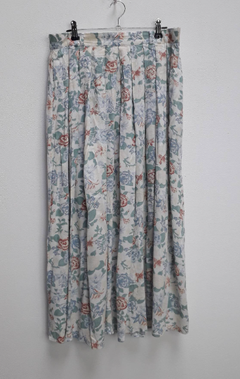 White, Blue + Brown Floral Midi-Skirt - L