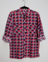 Load image into Gallery viewer, Pink + Blue Plaid Flannel Shirt - M
