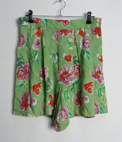 Green + Pink Floral Shorts - S