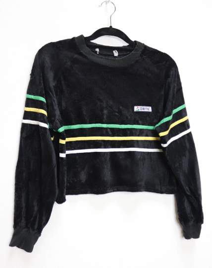 Black Striped Velour Cropped Sweatshirt - L