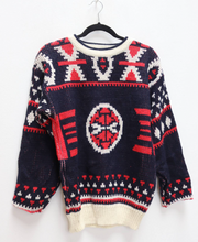 Load image into Gallery viewer, Dark Navy + Red Patterned Jumper - S
