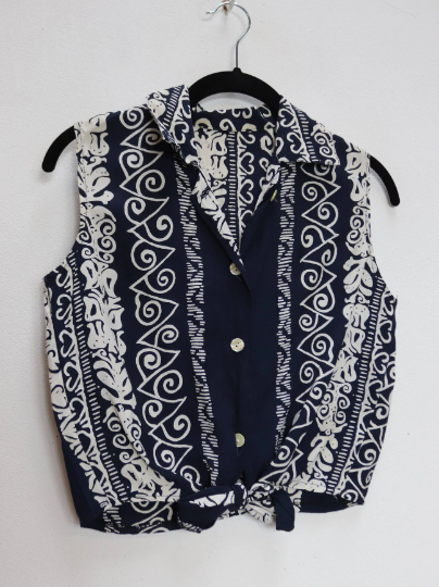 Navy + White Patterned Tie-Up Cropped Blouse - S