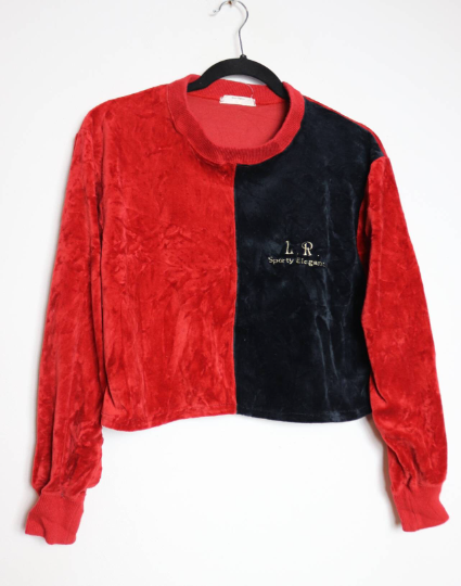 Red + Navy Cropped Velvet Sweatshirt - L